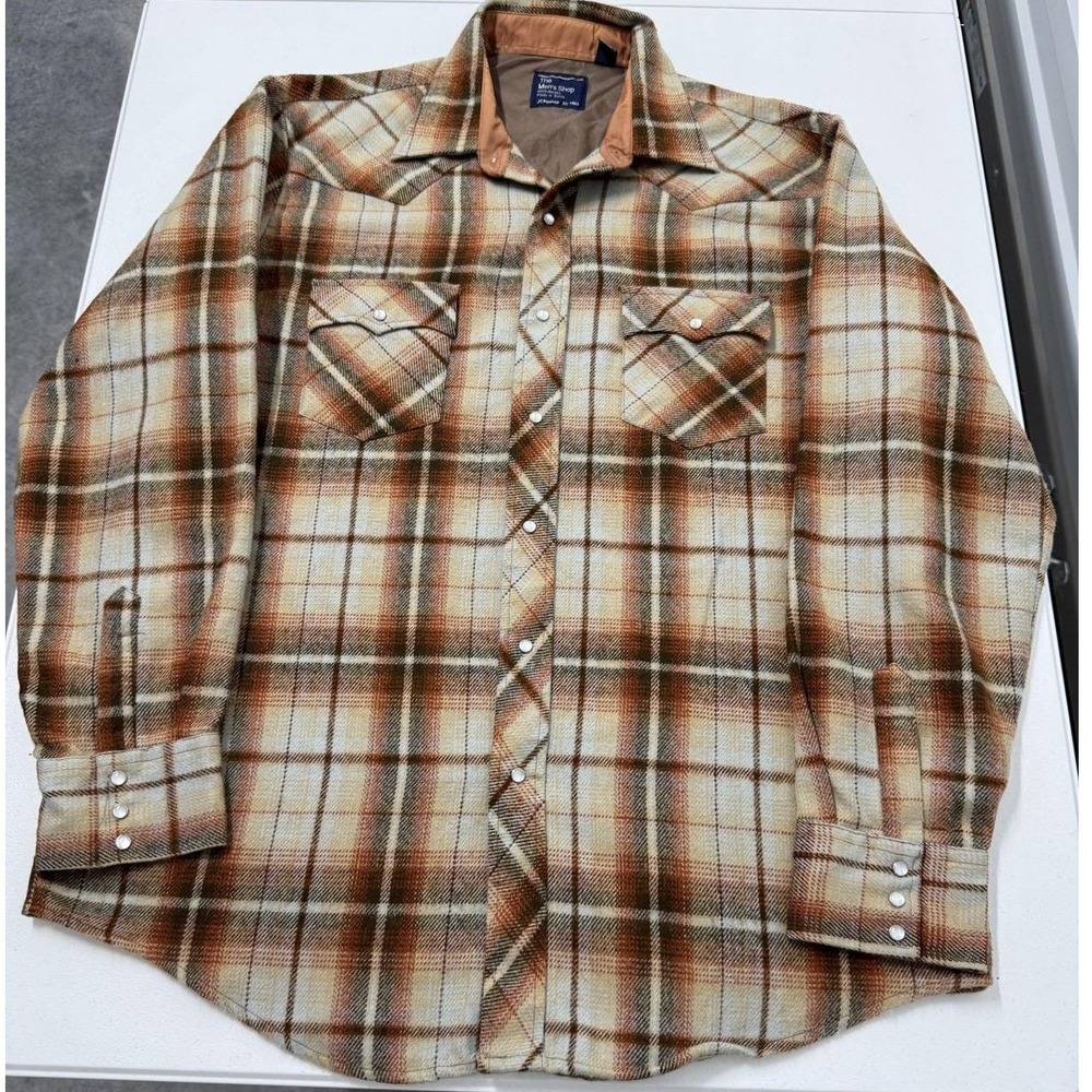 Vintage Jcpenny Shop Acrylic Plaid Western pearlsnap Shirt XL TALL Brown Tan